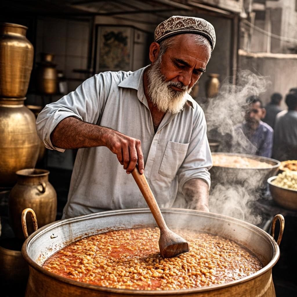 Master halwai stirring golden Misali sohan halwa in a giant copper karahi