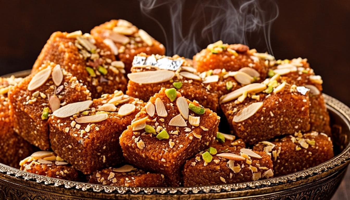 Misali Multani sohan halwa squares with pistachios, almonds and silver leaf served on a brass platter